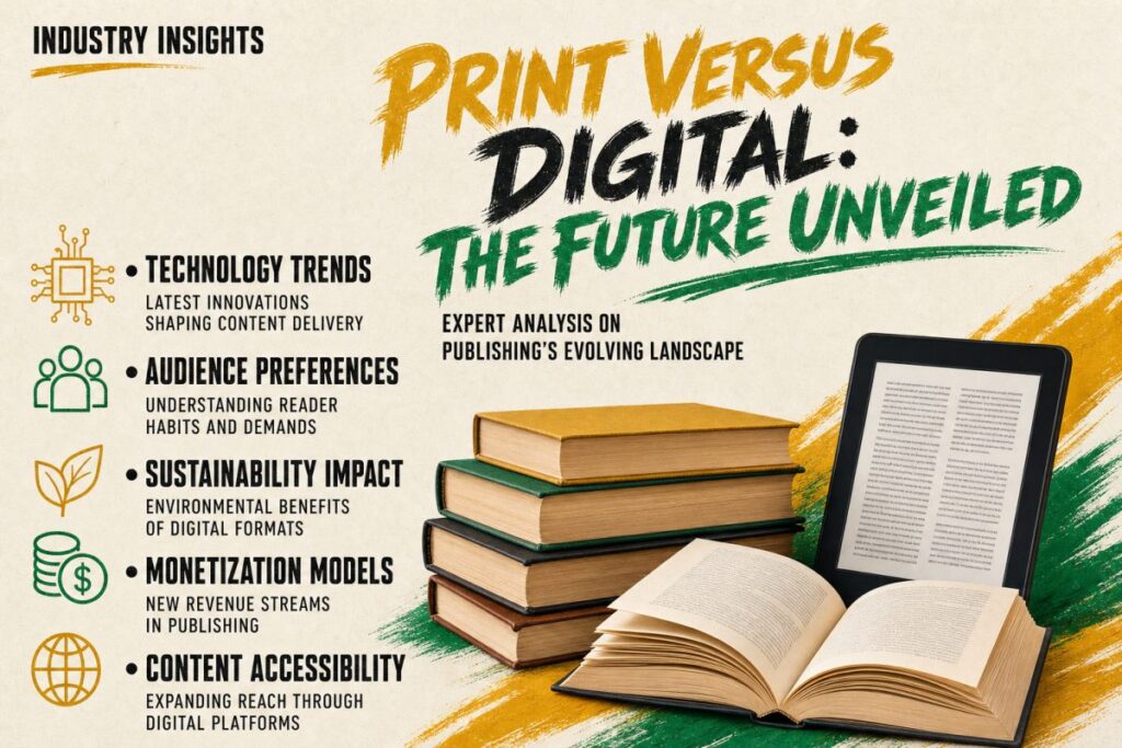 A side-by-side comparison of a printed book and an e-reader displaying a digital book