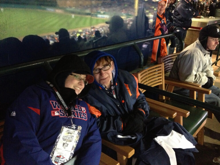 Fans bundled up at a night game