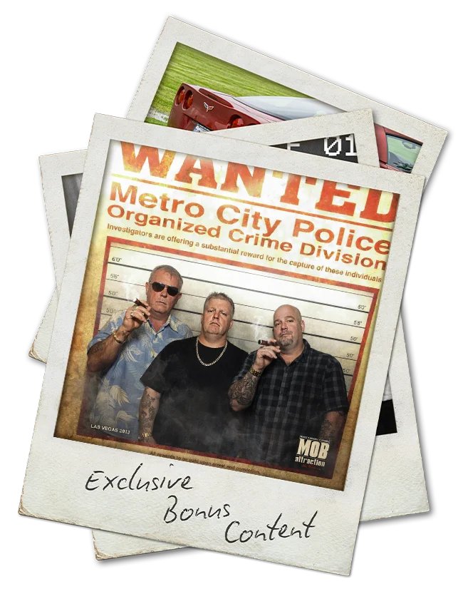Polaroid captioned "Exclusive Bonus Content": three men with cigars in front of a police lineup board