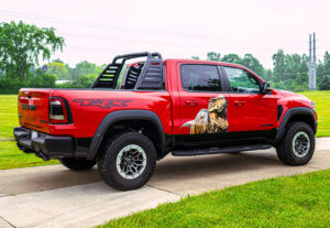 G Rides: Red pickup truck with a custom graphic